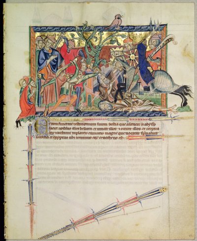 Exterminans beobachtet, wie die Reiter die zwei Zeugen niedertrampeln, aus der Gulbenkian-Apokalypse, ca. 1265-70 von English School